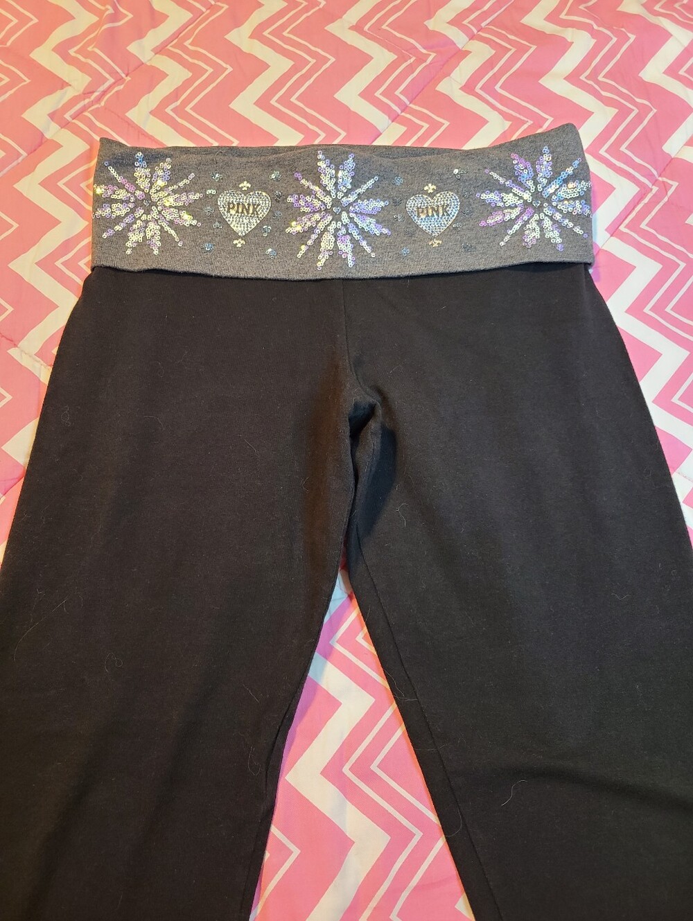VTG VS PINK YOGA Bling Snowflake Foldover Cotton Leggings Size M - Picture 4 of 7